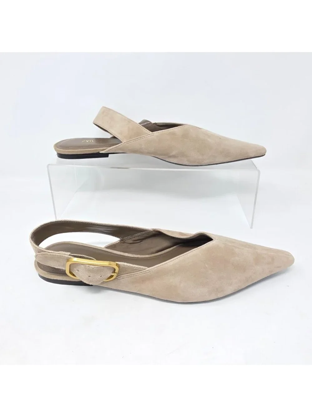 Zara Split Suede Slingback Flats Shoes Buckle 40 9 Beige Leather Pointed Toe